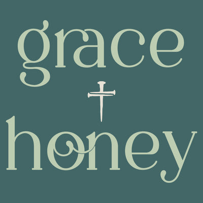 Text 'grace + honey' in light green on a teal background